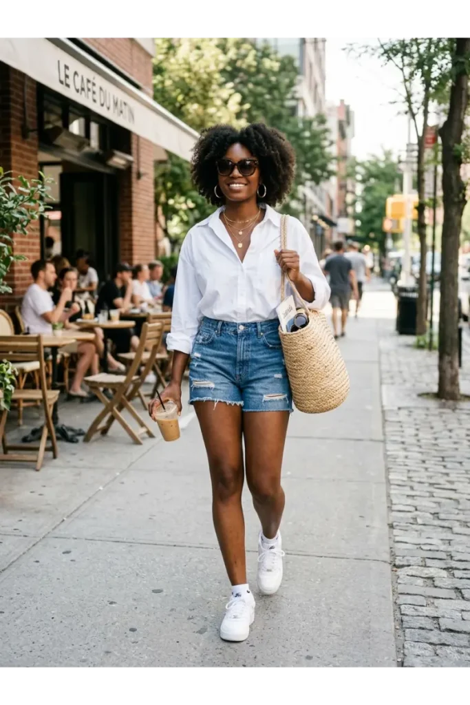 35 Outfit Ideas for Black Women That Are Stylish, Chic & Easy to Copy 2 White Oversized Shirt with Denim Shorts