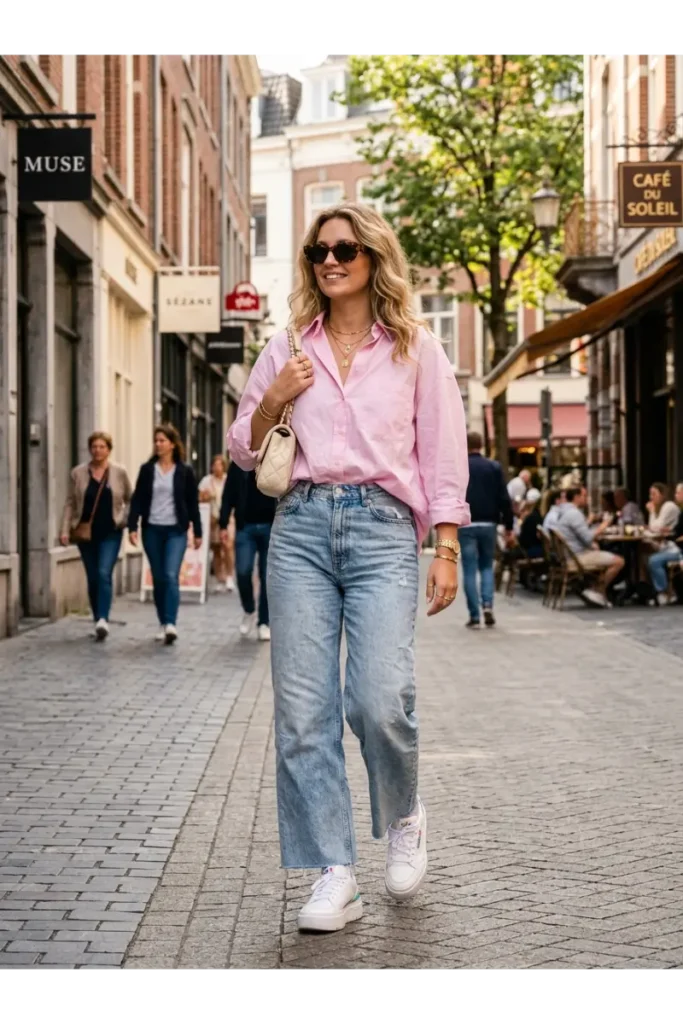 Baby Pink Shirt with Wide-Leg Jeans