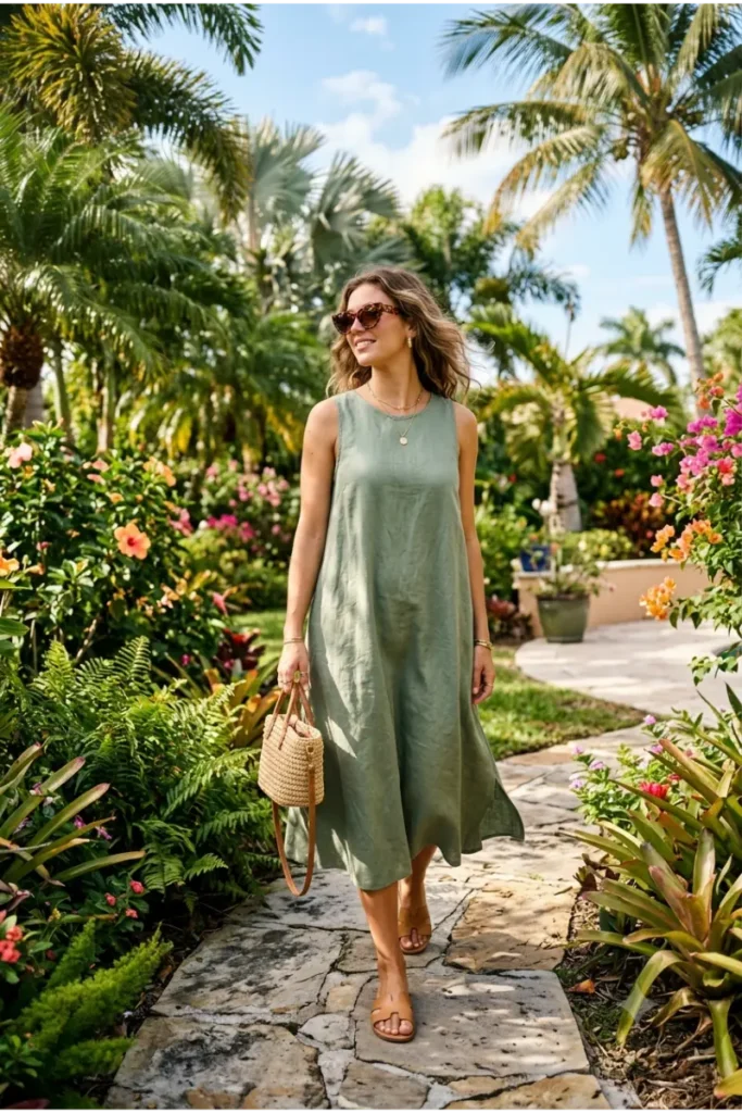 Woman wearing a sleeveless linen midi dress with flat sandals and a woven handbag for a Florida summer outfit.