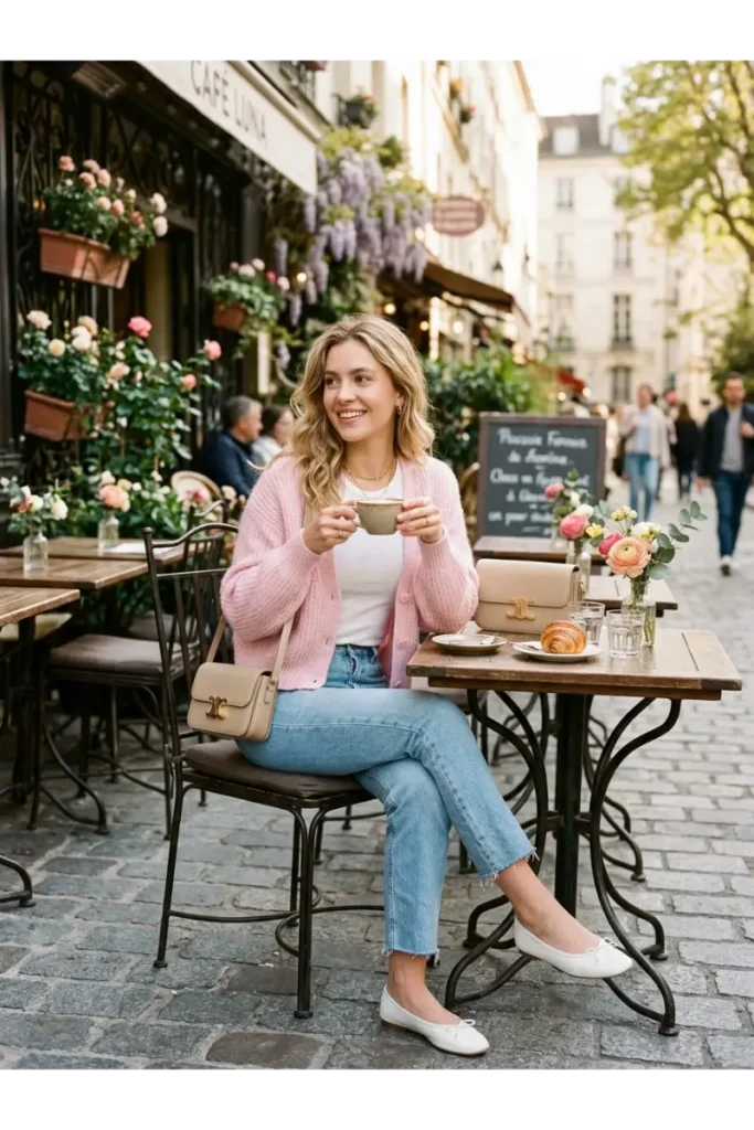 Baby Pink Cardigan with a White Top