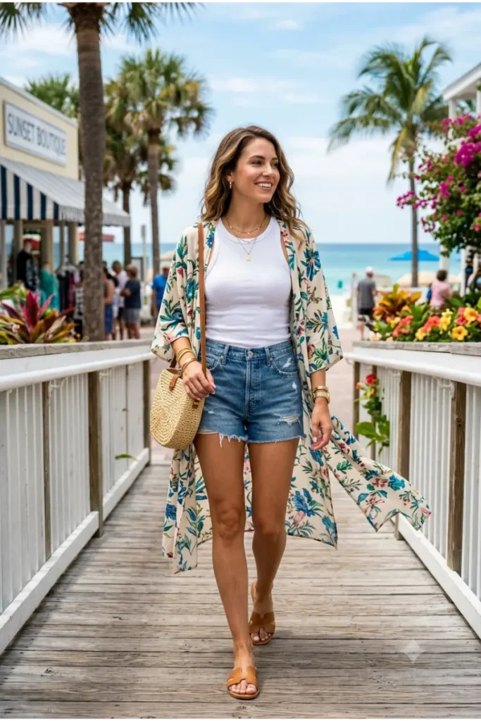 Woman wearing a lightweight kimono with a white tank top and denim shorts for a stylish Florida outfit.