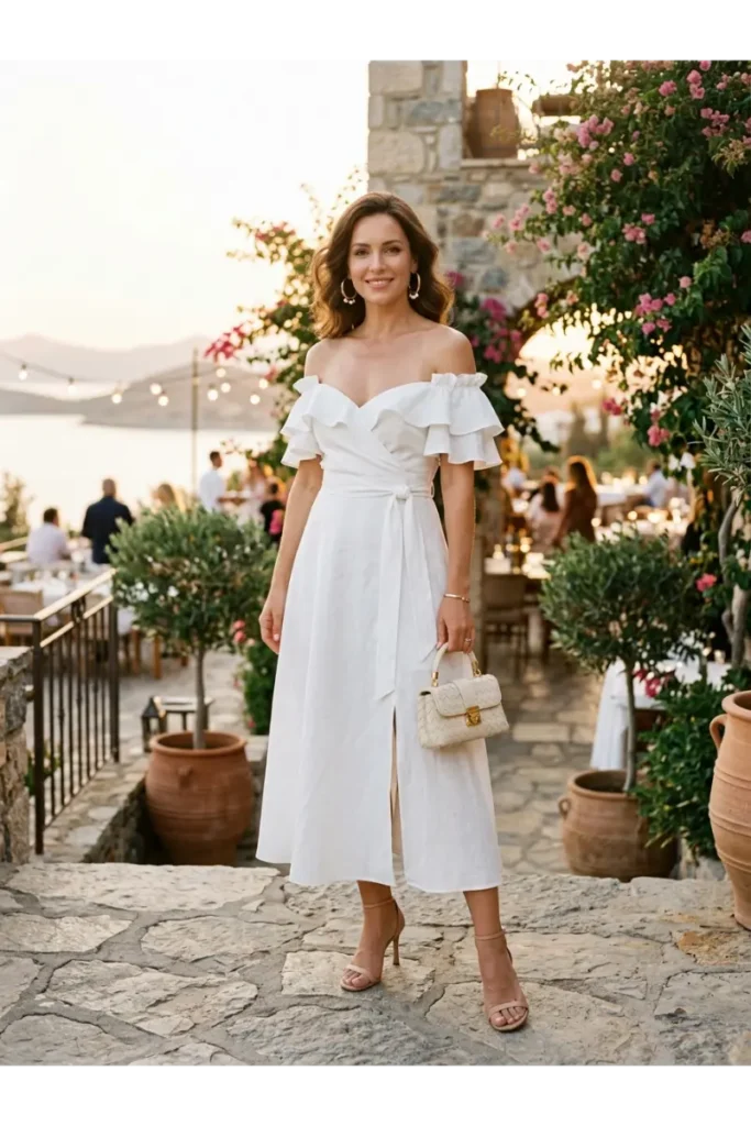 White Slip, Wrap, and Off-Shoulder Dresses