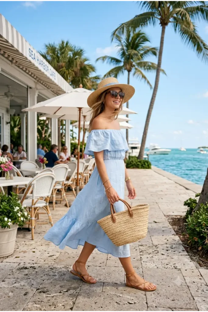 Woman wearing an off-shoulder dress with flat sandals and a straw handbag for a Florida vacation outfit.