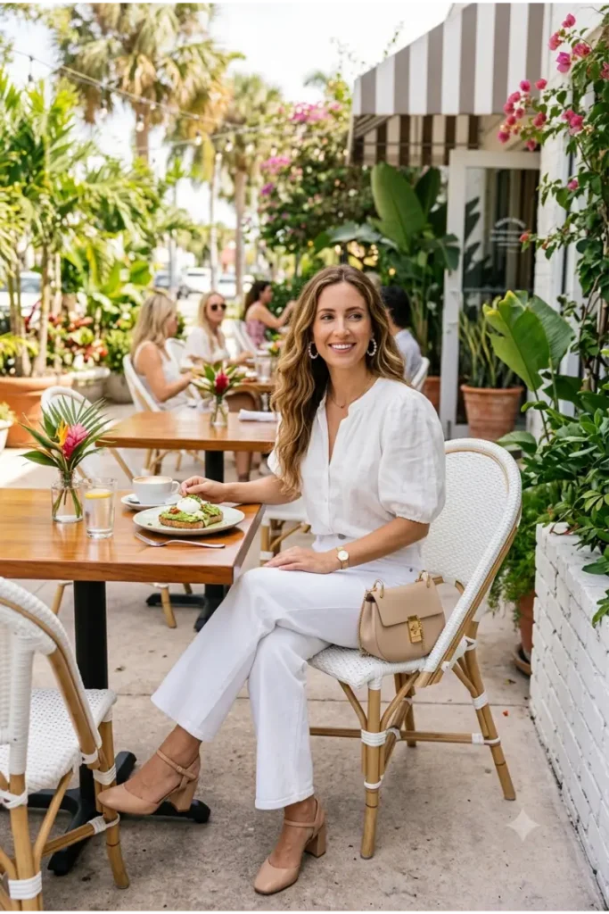 Woman wearing a puff-sleeve blouse with white wide-leg jeans for a chic Florida brunch outfit.