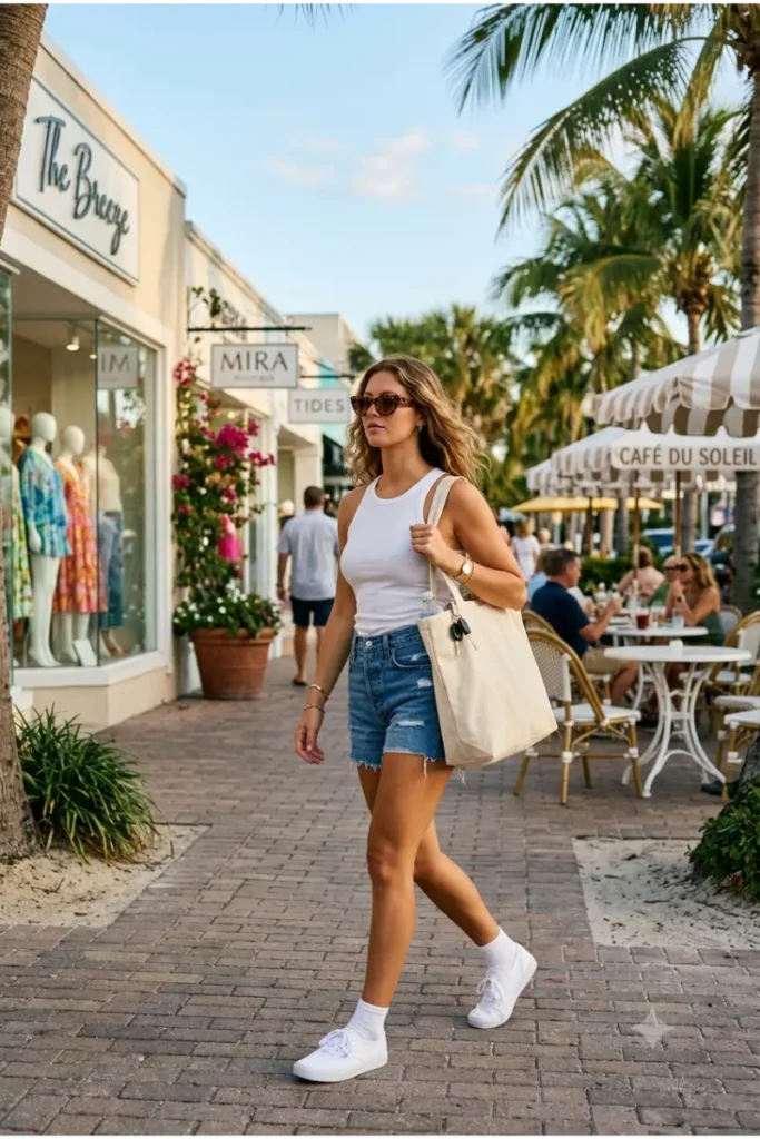 Woman wearing a ribbed tank top with denim shorts and white sneakers for a casual Florida shopping outfit.