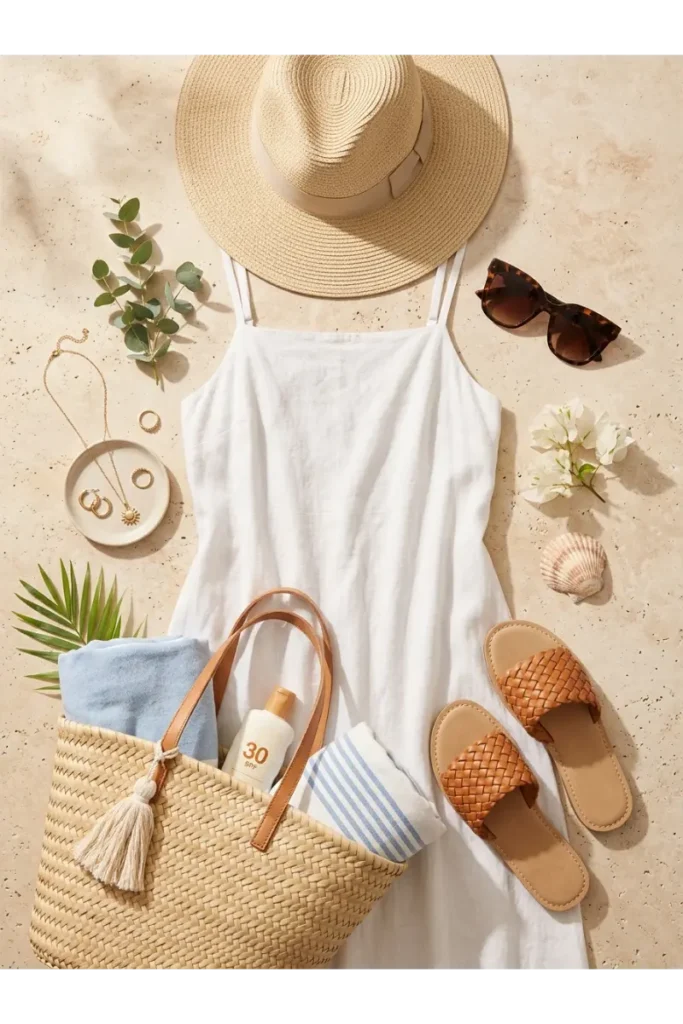 White Sundress Outfit with Straw Accessories
