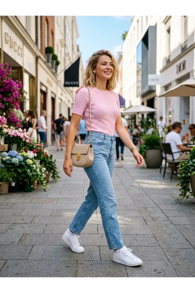 Baby Pink Top with Blue Jeans