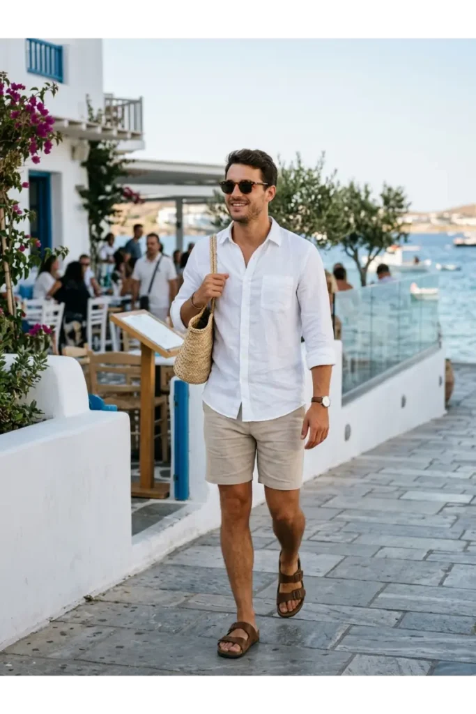 White Shirt with Beige Shorts