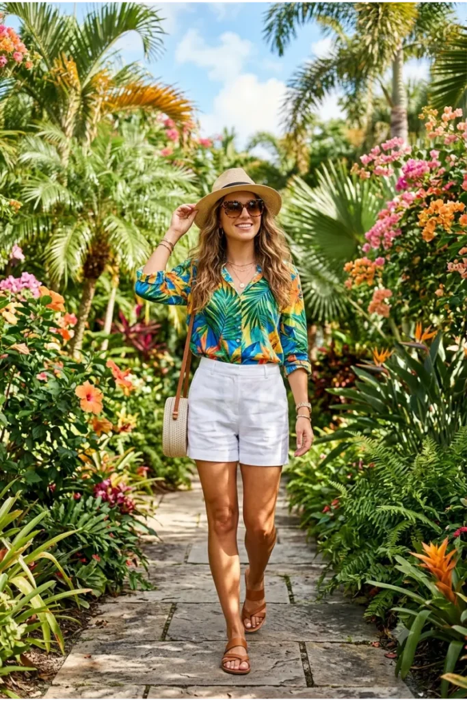 Woman wearing a palm-print blouse with white linen shorts for a tropical Florida vacation outfit.