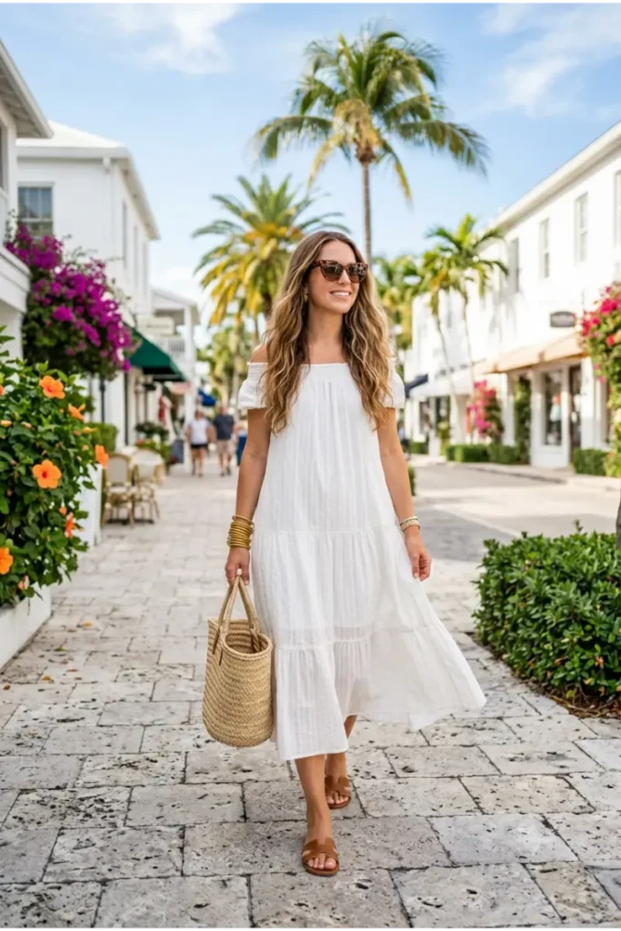 Woman wearing a white midi dress with tan sandals, a straw tote bag, and gold accessories for a Florida outfit.