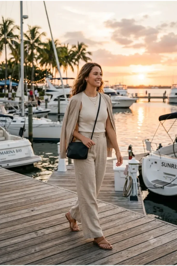 Woman wearing a sleeveless knit top with wide-leg linen pants for an evening walk in Florida.