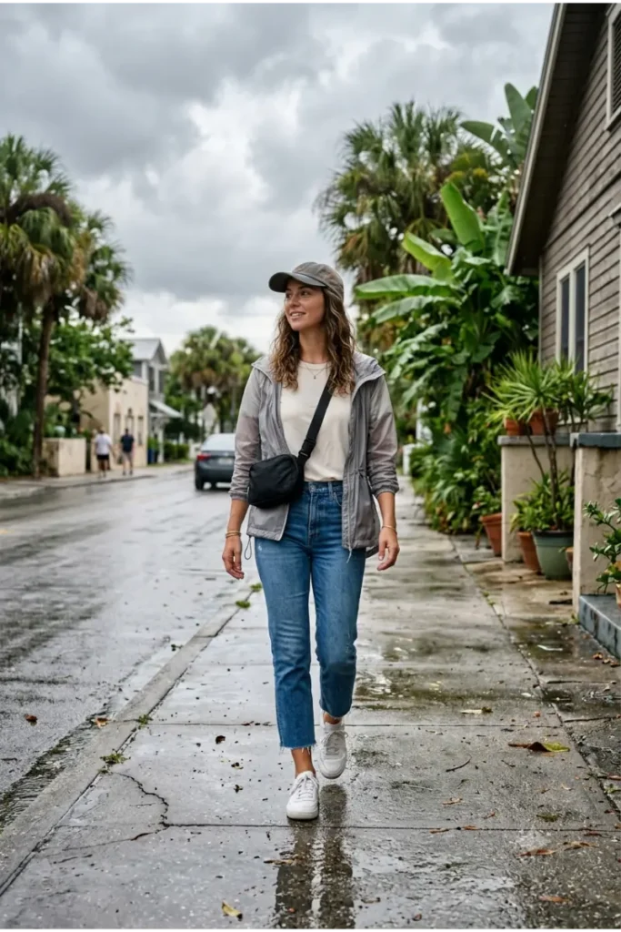 Woman wearing a lightweight rain jacket with cropped jeans and waterproof sneakers for a rainy Florida day.