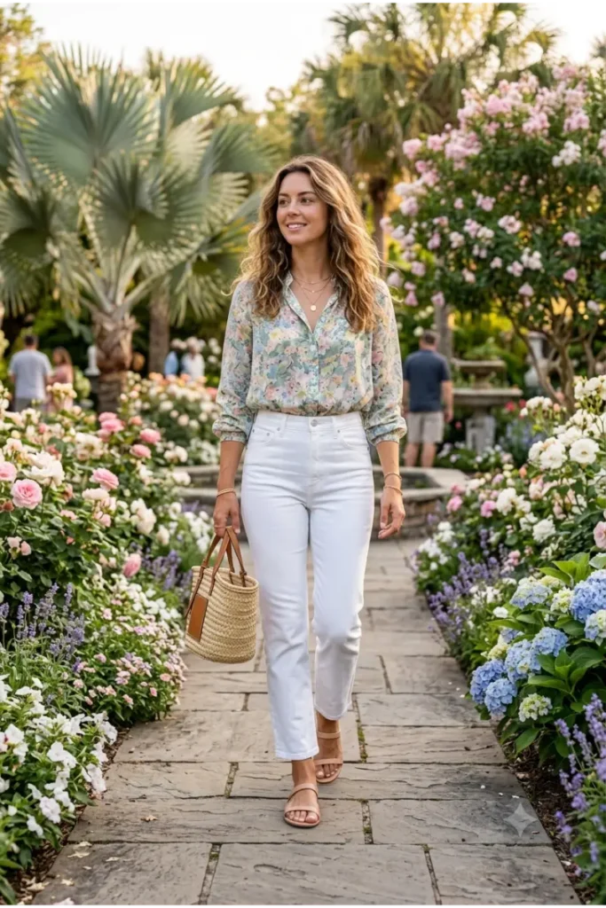 Woman wearing a floral blouse with white jeans and nude sandals for a Florida spring outfit.