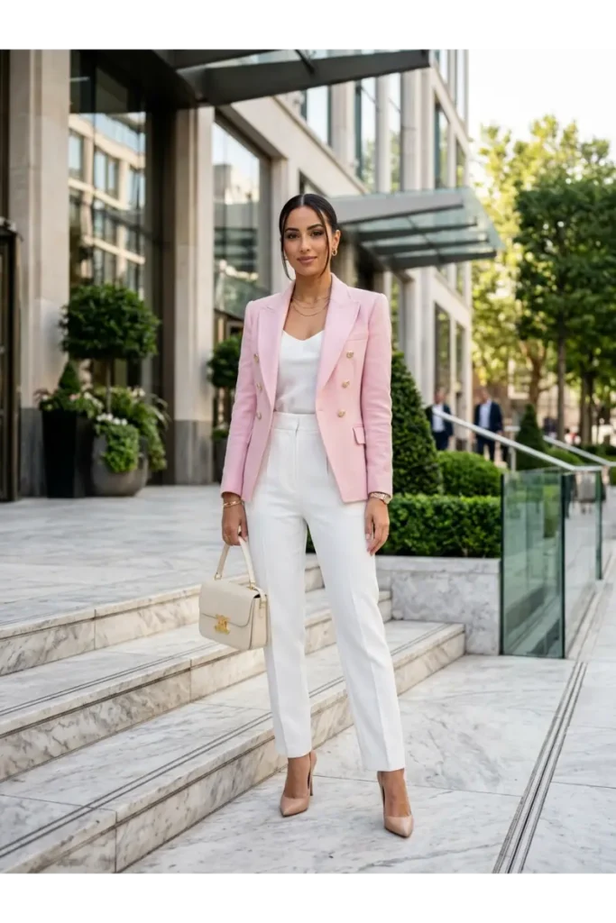  Baby Pink Blazer with White Trousers