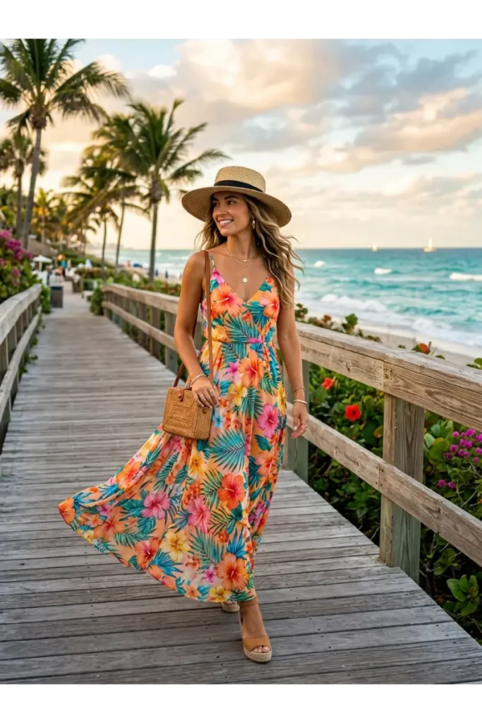 Woman wearing a floral maxi dress with wedge sandals and a straw hat for a Florida vacation outfit.