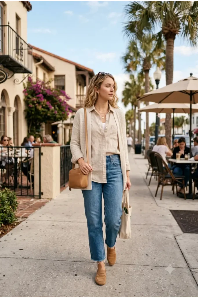 Woman wearing a linen shirt with relaxed jeans and a lightweight cardigan for a Florida winter outfit.
