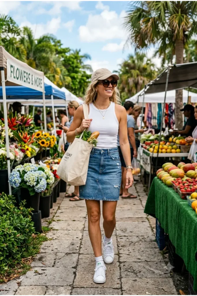 Woman wearing a ribbed tank top with a denim skirt and white sneakers for a Florida farmers market outfit.