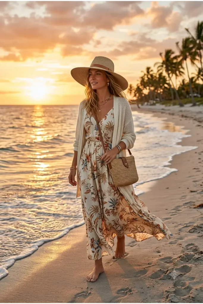 Woman wearing a flowy maxi dress with a straw hat for a Florida sunset beach walk outfit.
