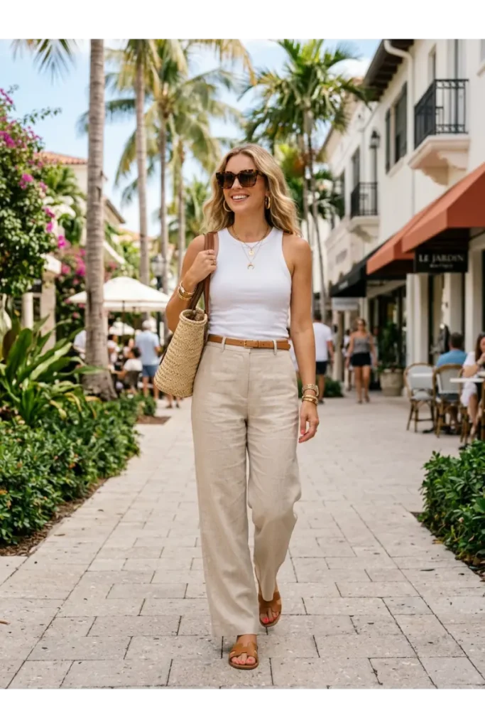 Woman wearing a ribbed tank top with beige linen pants, leather sandals, and a woven handbag in Florida.