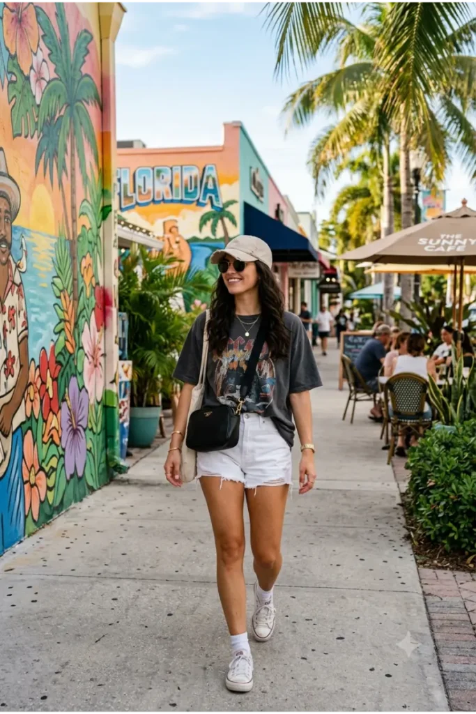 Woman wearing a graphic T-shirt with white shorts, sneakers, and a crossbody bag for a casual Florida outfit.