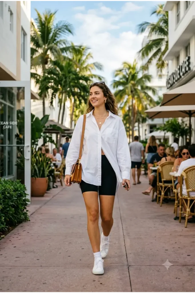 Woman wearing an oversized white button-up shirt with black biker shorts and white sneakers.