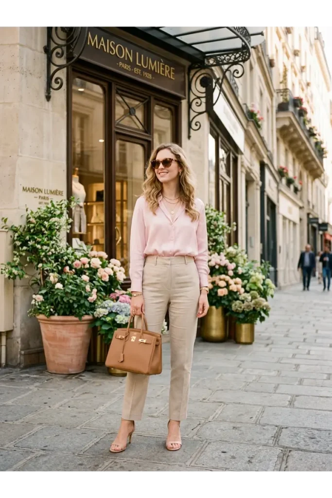 Baby Pink Top with Beige Trousers