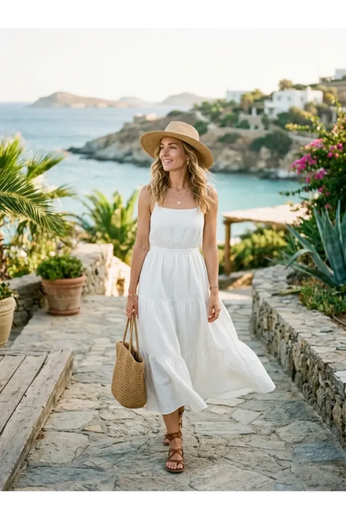 White Dress with Brown and Natural Accessories