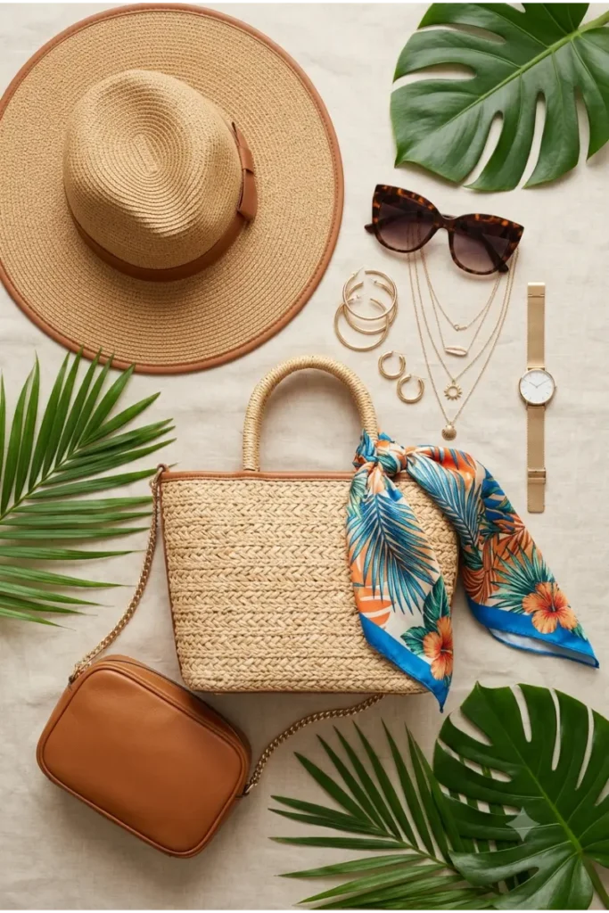 Florida fashion accessories including a straw handbag, sunglasses, gold jewelry, and a straw hat.