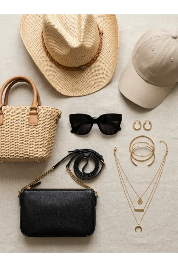 Summer Concert Outfit Ideas: 30 Stylish Looks You'll Want to Wear This Season 24 Summer concert accessories including a crossbody bag, straw handbag, baseball cap, cowboy hat, sunglasses, layered necklaces, hoop earrings, and minimal bracelets.