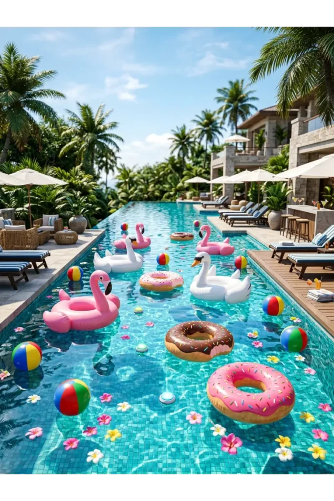 Pool Party Decorations: 35 Creative Ideas to Transform Your Backyard 6 Pool party with floating flamingo and swan floats, donut floats, beach balls, LED pool lights, and flower petals creating a tropical summer atmosphere.