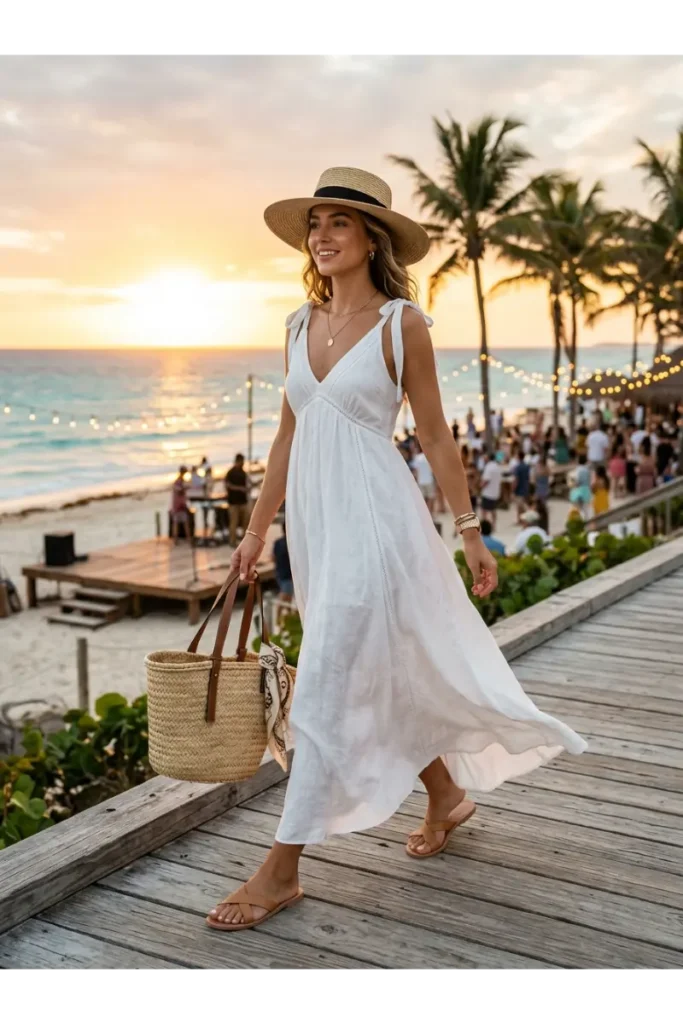 Summer Concert Outfit Ideas: 30 Stylish Looks You'll Want to Wear This Season 19 Stylish young woman wearing a flowy maxi dress with flat sandals, a straw tote bag, a wide-brim hat, and minimal jewelry for a beach concert outfit.