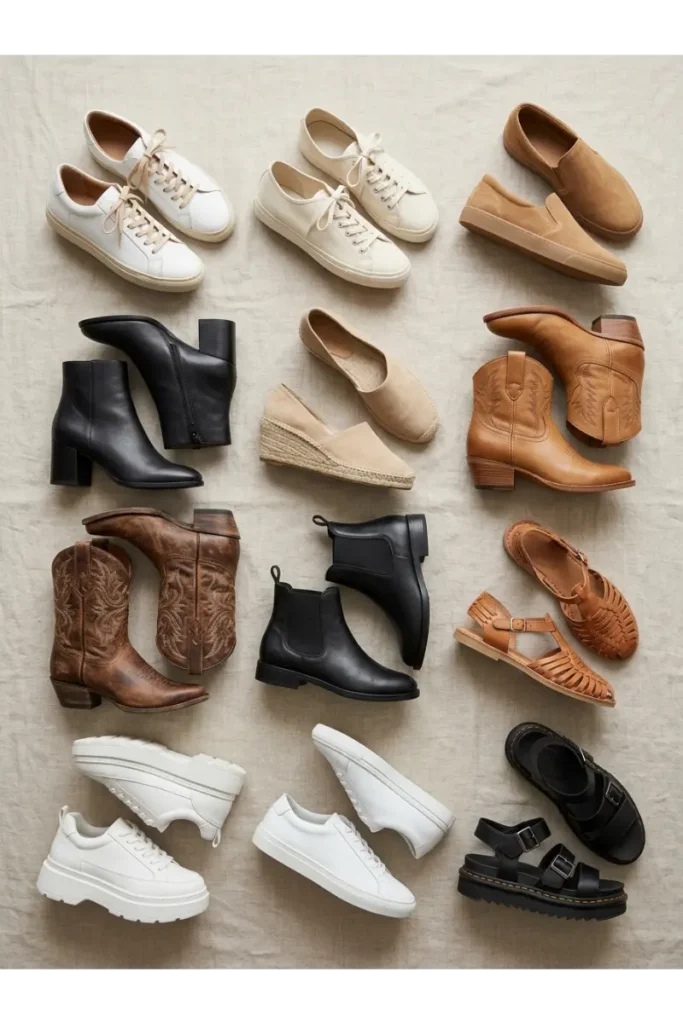 Summer Concert Outfit Ideas: 30 Stylish Looks You'll Want to Wear This Season 23 Best shoes for summer concert outfits including white sneakers, canvas sneakers, block heels, wedges, cowboy boots, ankle boots, leather sandals, platform sneakers, and chunky sandals.