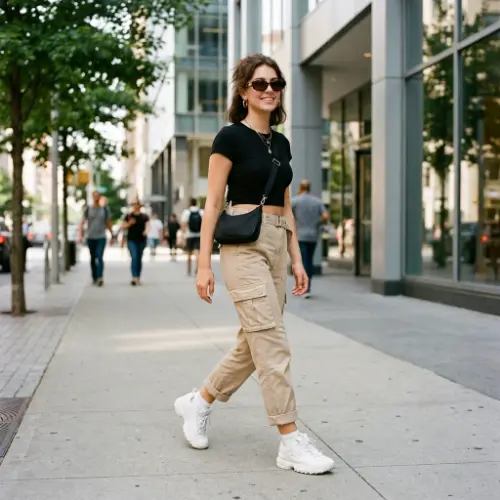 Black Crop Top with High-Waisted Cargo Pants