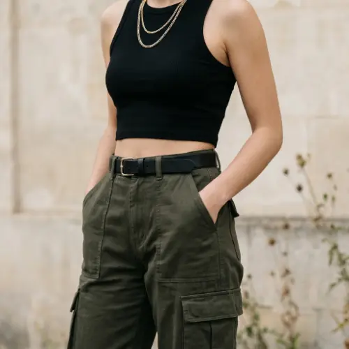 Black Crop Top with High-Waisted Cargo Pants