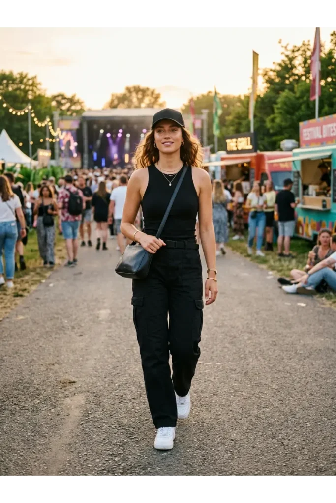 Summer Concert Outfit Ideas: 30 Stylish Looks You'll Want to Wear This Season 22 Stylish young woman wearing a black tank top with black cargo pants, white sneakers, a baseball cap, a crossbody bag, and minimal gold jewelry for a sporty summer concert outfit.
