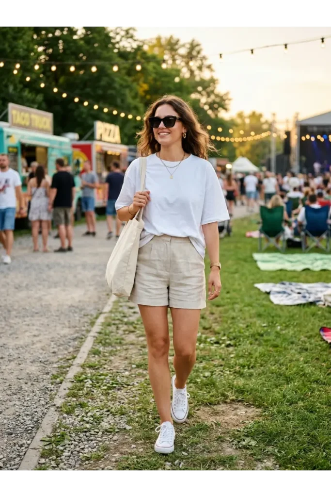 Summer Concert Outfit Ideas: 30 Stylish Looks You'll Want to Wear This Season 12 Stylish young woman wearing an oversized white T-shirt with linen shorts, canvas sneakers, sunglasses, and a tote bag for a casual outdoor concert outfit.