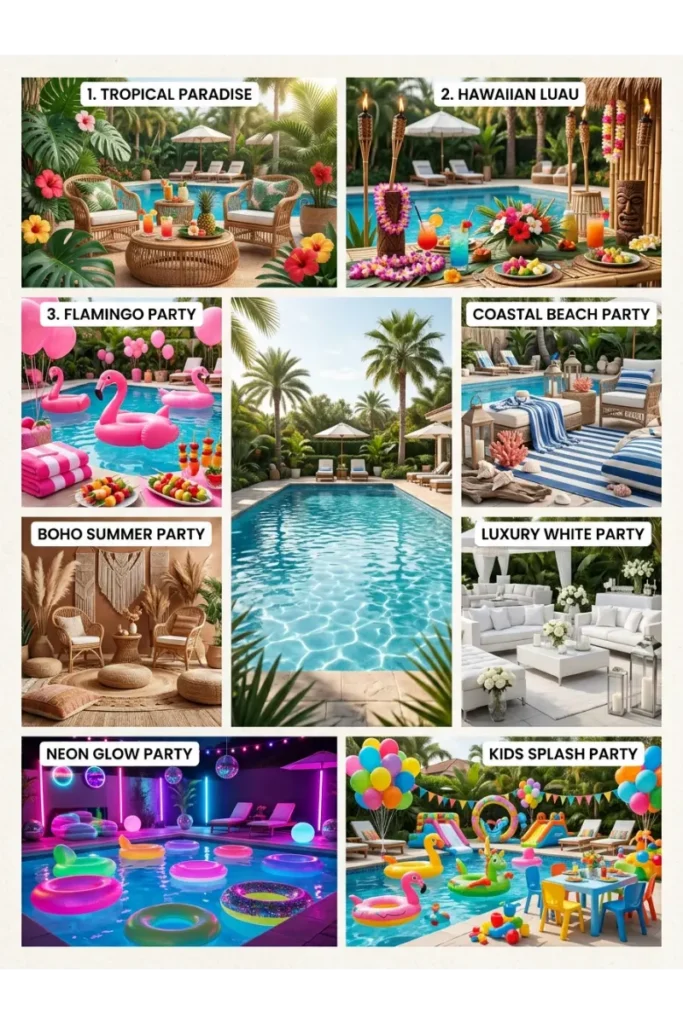 Pool Party Decorations: 35 Creative Ideas to Transform Your Backyard 3 Pool party theme ideas featuring Tropical Paradise, Hawaiian Luau, Flamingo, Coastal Beach, Boho Summer, Luxury White, Neon Glow, and Kids Splash party decorations.