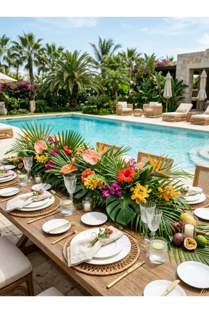 Pool Party Decorations: 35 Creative Ideas to Transform Your Backyard 7 Tropical pool party table decorated with palm leaves, monstera leaves, banana leaves, fresh greenery, and colorful flowers for a summer celebration.