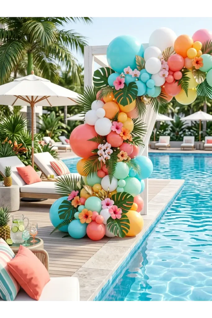 Pool Party Decorations: 35 Creative Ideas to Transform Your Backyard 5 Tropical pool party balloon garland featuring aqua blue, white, coral, orange, yellow, pink, and mint green balloons with tropical leaves and flowers.