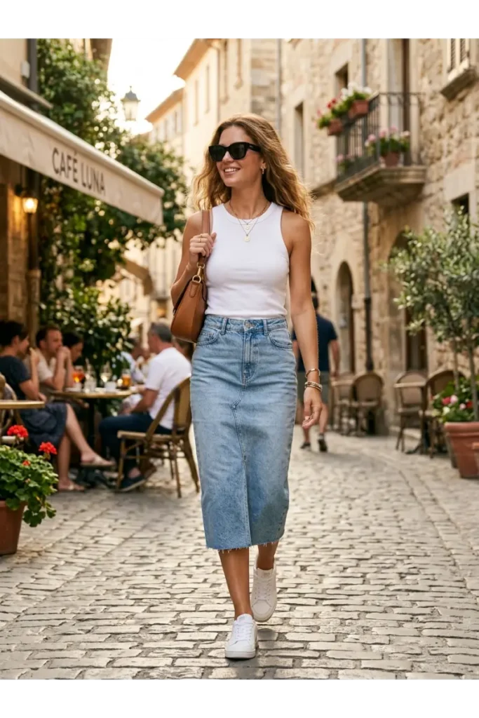 Summer Outfits Women: 25 Stylish Outfit Ideas You'll Want to Wear All Season 10 Denim Skirt with a Basic Tank Top