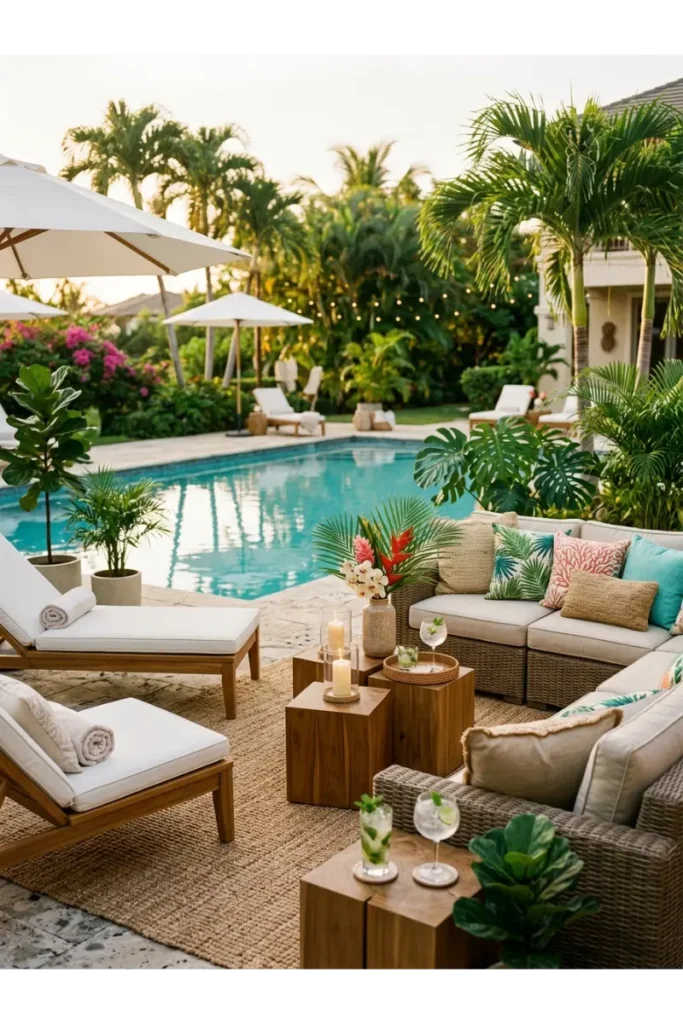 Pool Party Decorations: 35 Creative Ideas to Transform Your Backyard 8 Luxury poolside lounge area with outdoor sofas, lounge chairs, decorative cushions, woven rugs, and side tables for a stylish summer pool party.