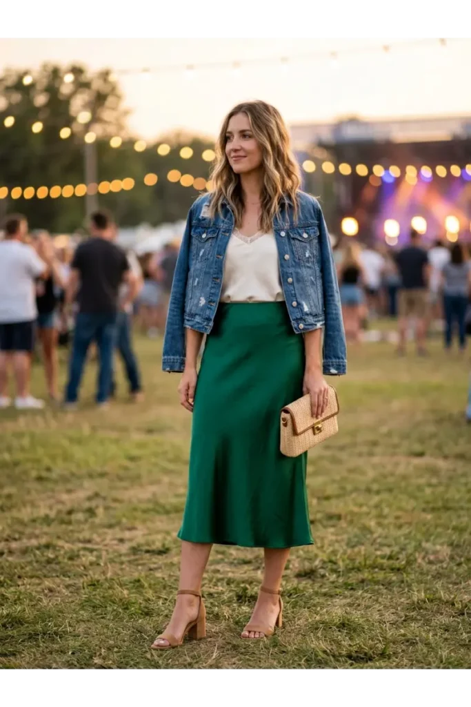 Summer Concert Outfit Ideas: 30 Stylish Looks You'll Want to Wear This Season 20 Stylish young woman wearing a satin midi skirt, sleeveless blouse, cropped denim jacket, block heels, and a clutch bag for an elegant evening summer concert outfit.