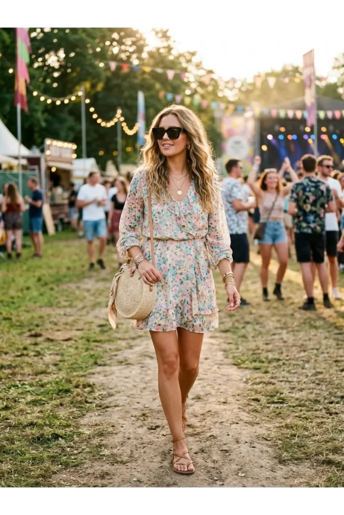 Summer Concert Outfit Ideas: 30 Stylish Looks You'll Want to Wear This Season 5 Stylish young woman wearing a floral mini dress with flat sandals, a straw handbag, gold jewelry, and oversized sunglasses for a summer concert outfit.