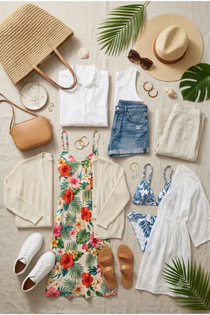 Florida vacation packing essentials including linen clothing, sandals, sneakers, straw bag, sunglasses, and summer accessories.