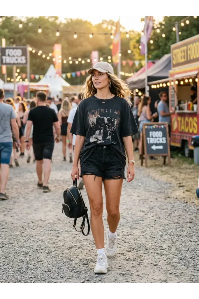 Summer Concert Outfit Ideas: 30 Stylish Looks You'll Want to Wear This Season 4 Stylish young woman wearing a graphic T-shirt with black denim shorts, chunky sneakers, a baseball cap, hoop earrings, and a small backpack for a trendy summer concert outfit.