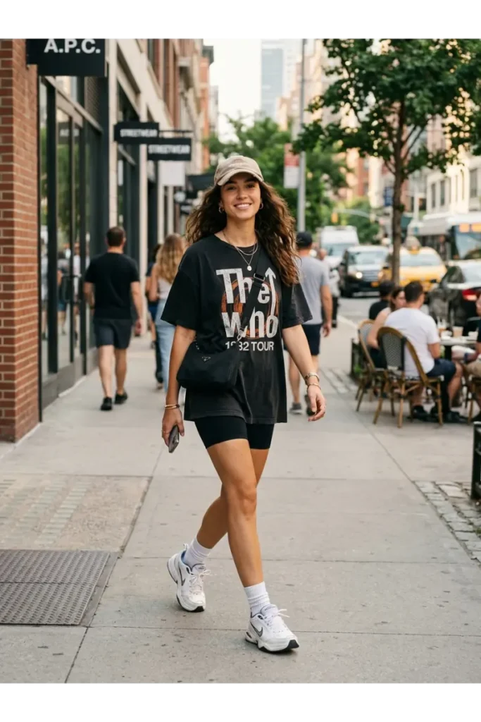 Summer Outfits Women: 25 Stylish Outfit Ideas You'll Want to Wear All Season 6 Stylish young woman wearing an oversized graphic T-shirt with biker shorts, chunky sneakers, a baseball cap, crew socks, and a crossbody bag for a trendy summer street style outfit.