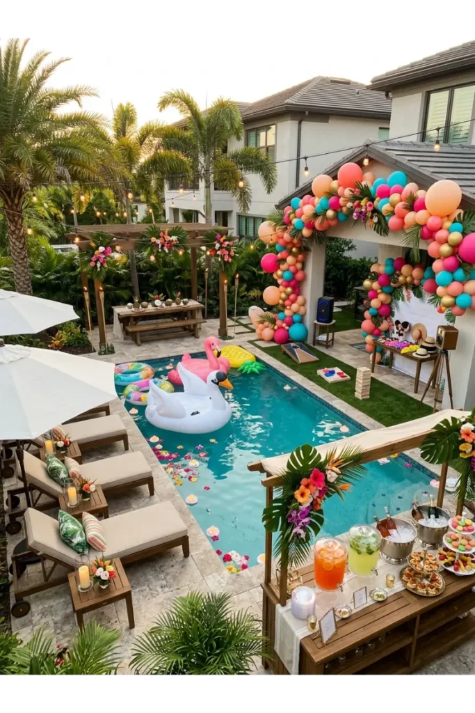 Pool Party Decorations: 35 Creative Ideas to Transform Your Backyard 2 Luxury pool party setup featuring balloon garlands, tropical decorations, lounge furniture, string lights, pool floats, games, a drink station, and a dessert table for the perfect summer celebration.