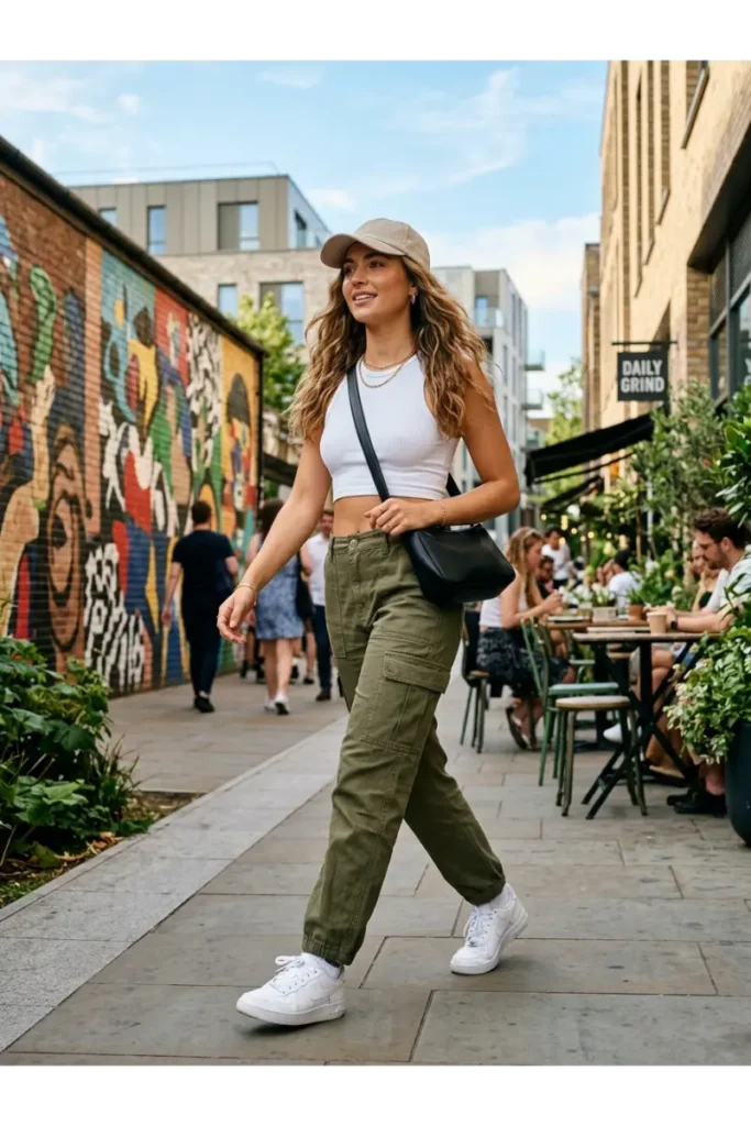 Summer Concert Outfit Ideas: 30 Stylish Looks You'll Want to Wear This Season 6 Stylish young woman wearing a ribbed crop top with olive cargo pants, white sneakers, a crossbody bag, and a baseball cap for a trendy summer street style outfit.
