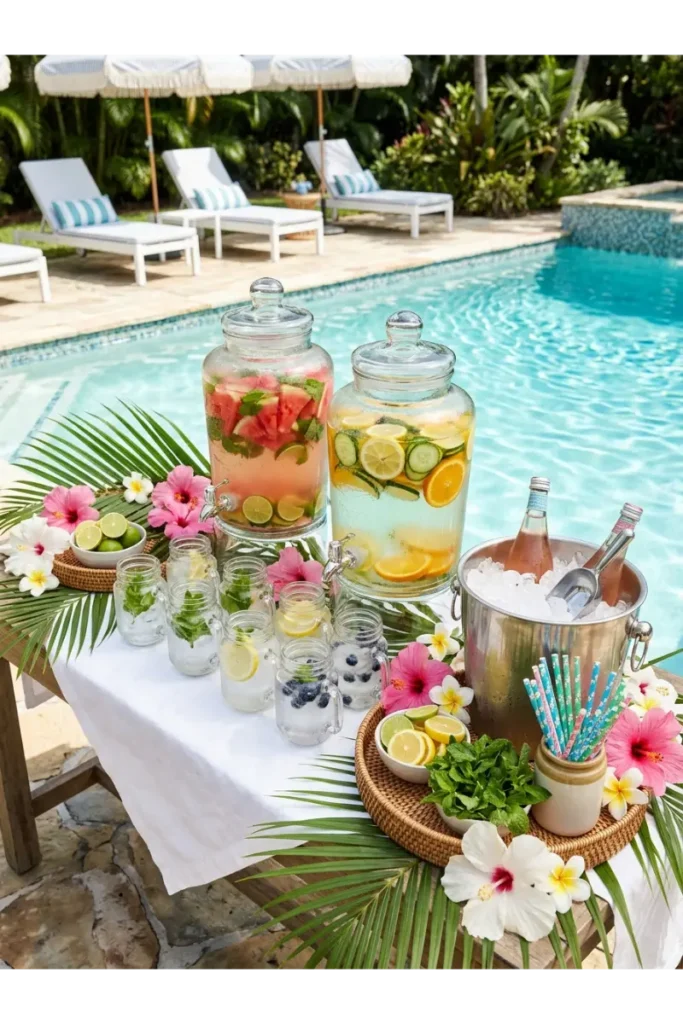 Pool Party Decorations: 35 Creative Ideas to Transform Your Backyard 9 Pool party drink station with glass beverage dispensers, drink jars, lemon slices, fresh mint, decorative straws, and ice buckets for summer entertaining.