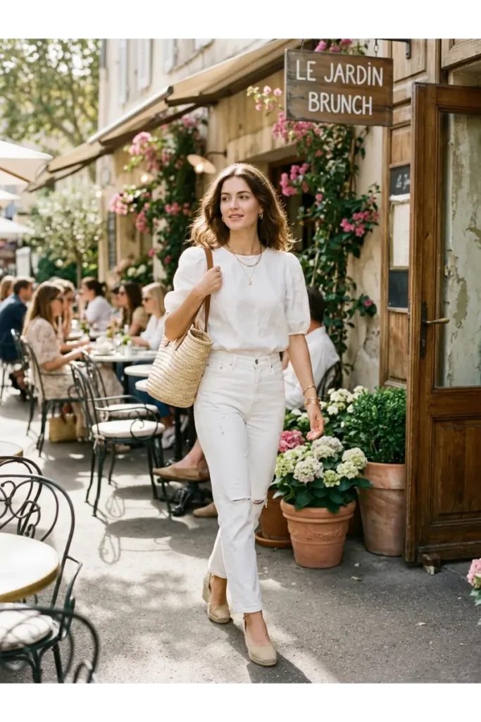 Summer Outfits Women: 25 Stylish Outfit Ideas You'll Want to Wear All Season 15 Stylish young woman wearing a puff-sleeve blouse with white jeans, espadrille wedges, a straw handbag, and delicate bracelets for a chic summer brunch outfit.